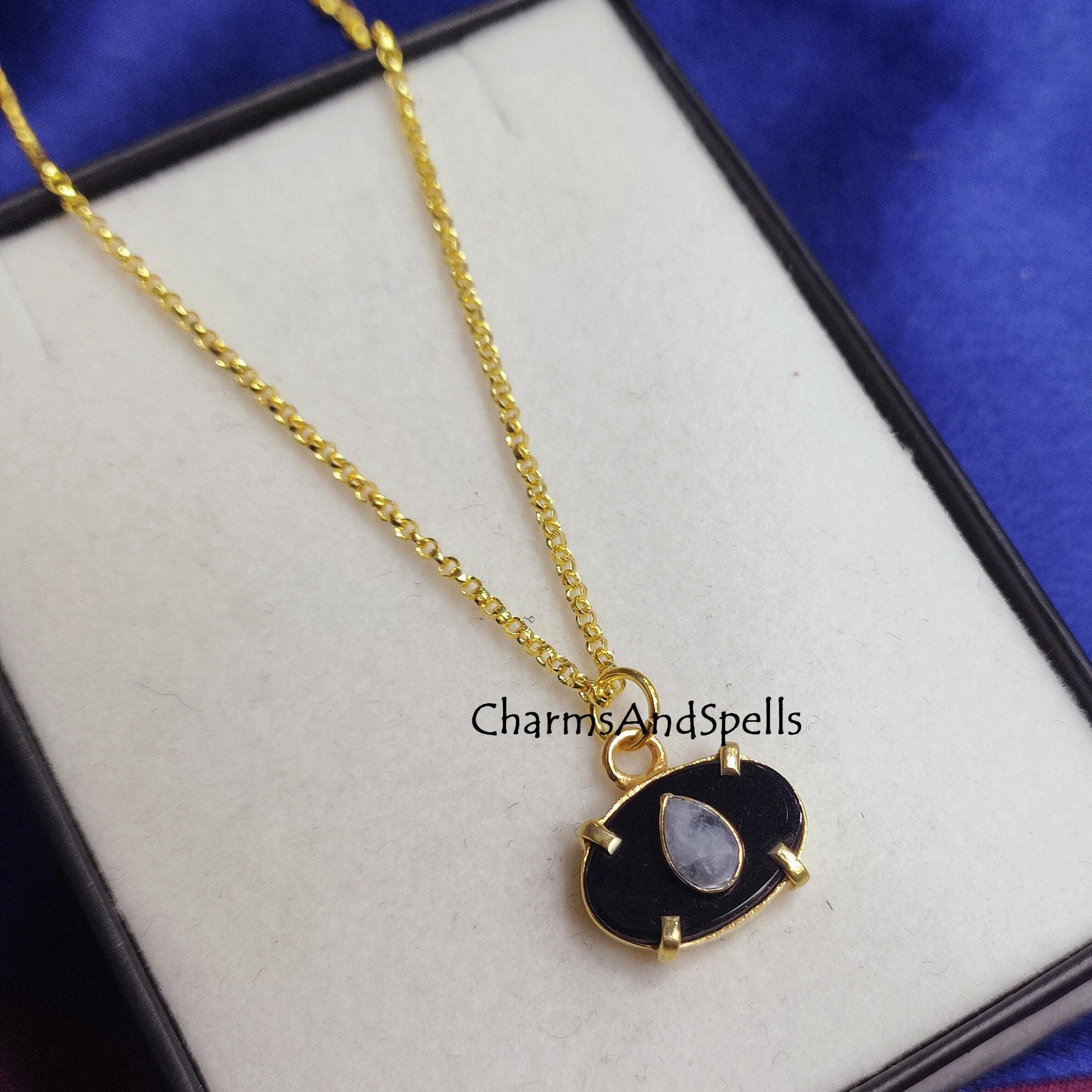 Dainty Black Onyx, Moonstone Necklace, Gemstone Pendant, Layered Dainty Necklace, Gold Plated Necklace, Prong Set Necklace,Mother's day Gift - Charms And Spells