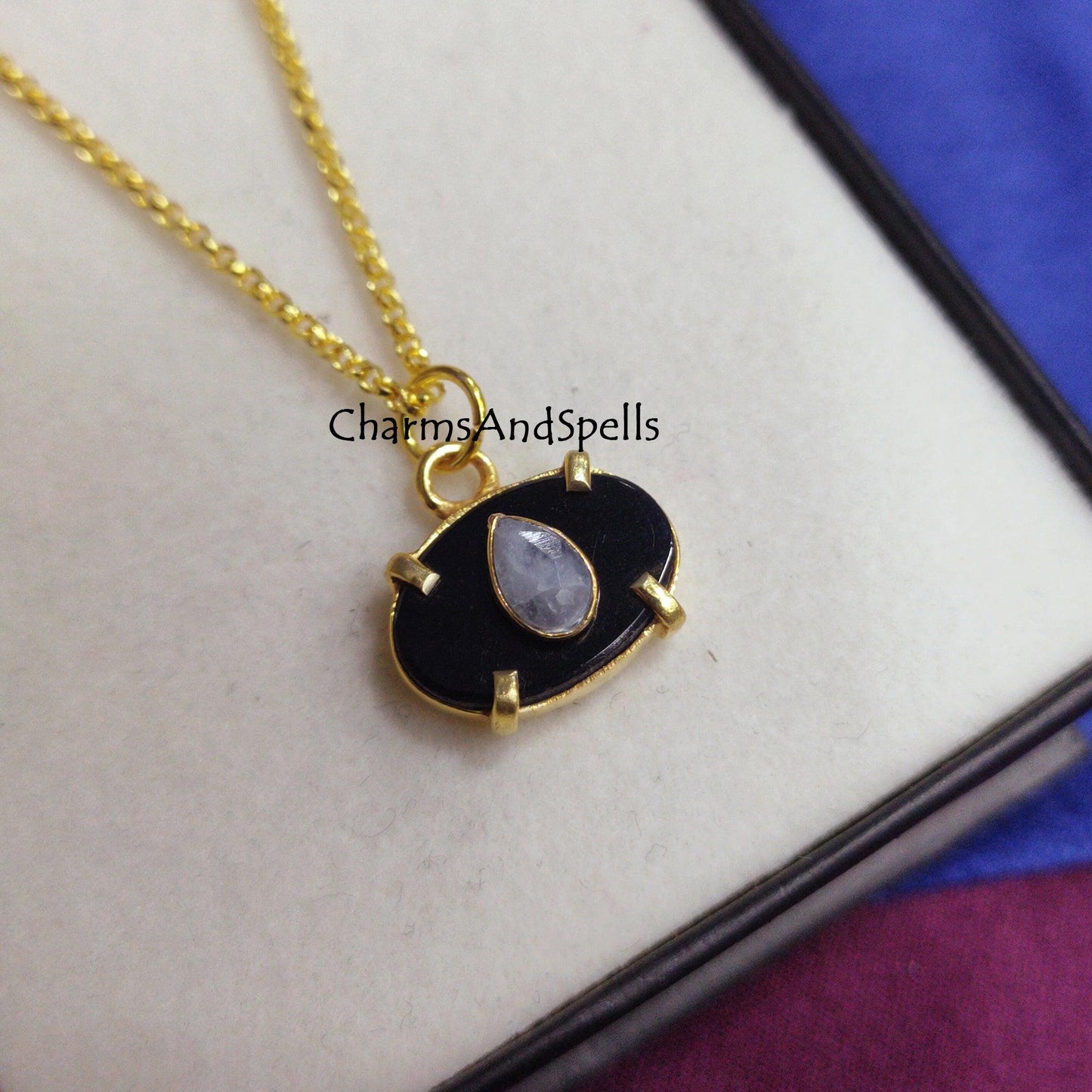 Dainty Black Onyx, Moonstone Necklace, Gemstone Pendant, Layered Dainty Necklace, Gold Plated Necklace, Prong Set Necklace,Mother's day Gift - Charms And Spells