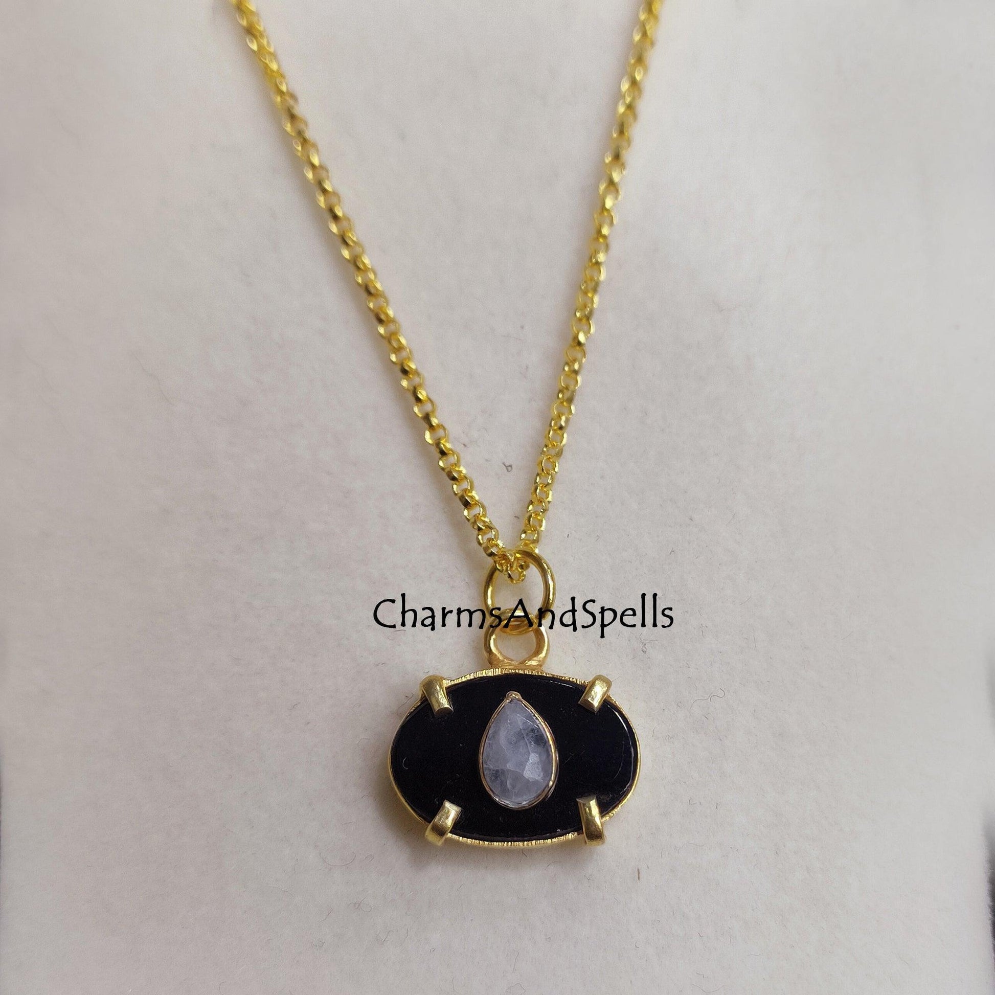 Dainty Black Onyx, Moonstone Necklace, Gemstone Pendant, Layered Dainty Necklace, Gold Plated Necklace, Prong Set Necklace,Mother's day Gift - Charms And Spells