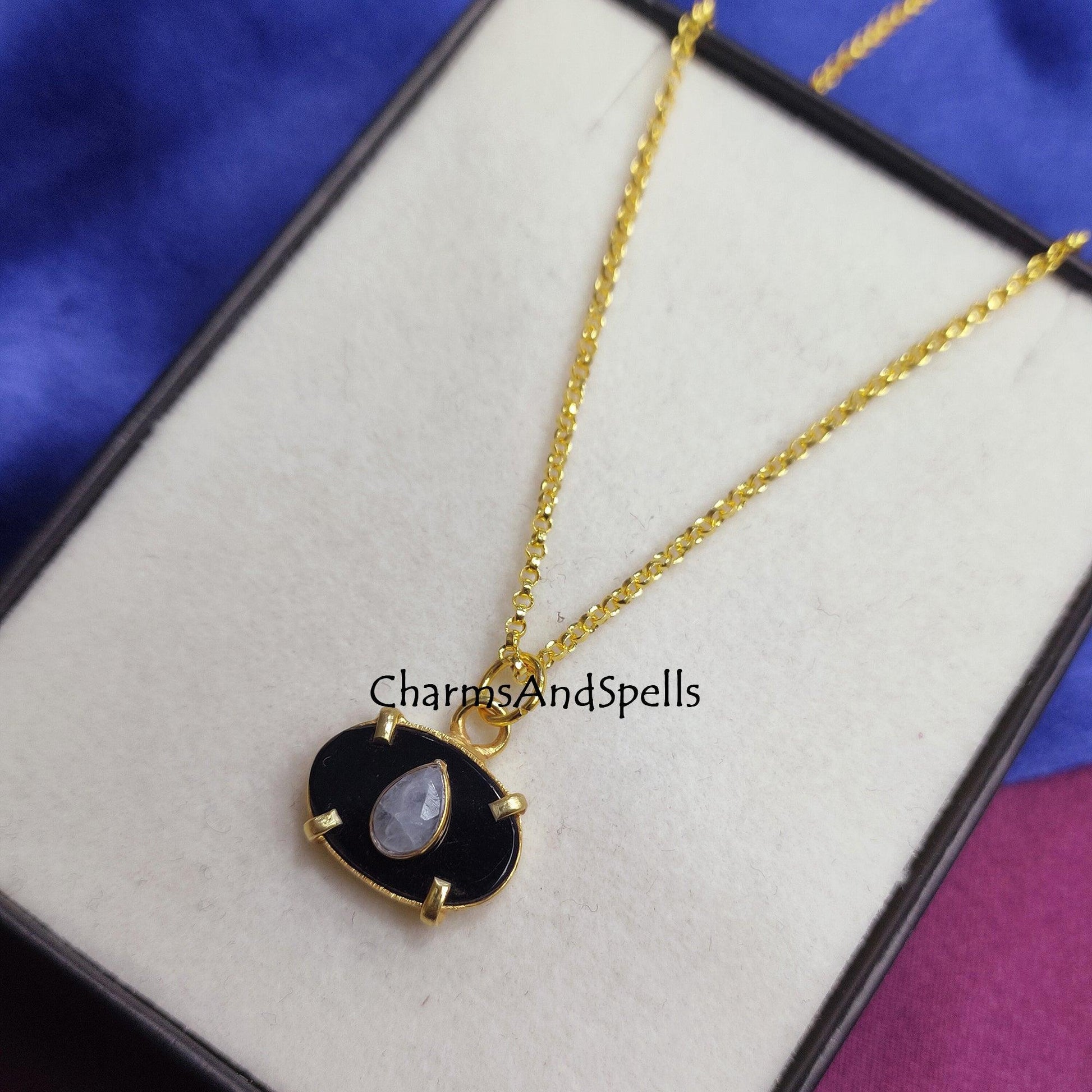 Dainty Black Onyx, Moonstone Necklace, Gemstone Pendant, Layered Dainty Necklace, Gold Plated Necklace, Prong Set Necklace,Mother's day Gift - Charms And Spells