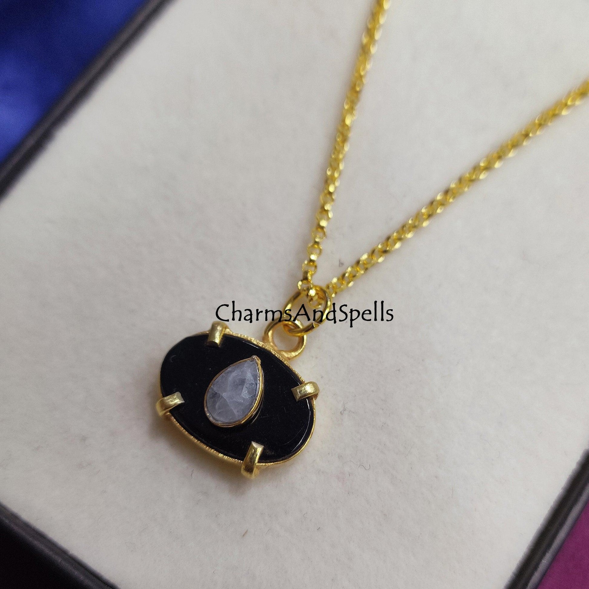 Dainty Black Onyx, Moonstone Necklace, Gemstone Pendant, Layered Dainty Necklace, Gold Plated Necklace, Prong Set Necklace,Mother's day Gift - Charms And Spells