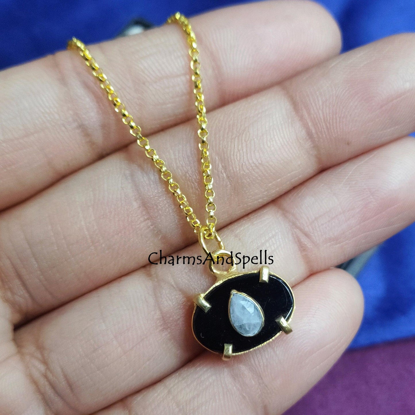 Dainty Black Onyx, Moonstone Necklace, Gemstone Pendant, Layered Dainty Necklace, Gold Plated Necklace, Prong Set Necklace,Mother's day Gift - Charms And Spells