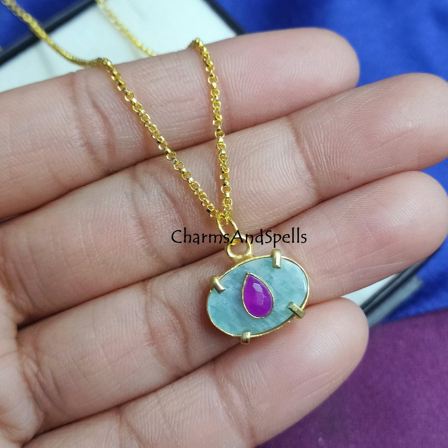 Natural Blue Amazonite, Ruby Necklace, Oval Pendant, Dainty Pendant Necklace, Simple Gemstone Pendant, Ruby Pendant, Beautiful Pendant, Gift - Charms And Spells