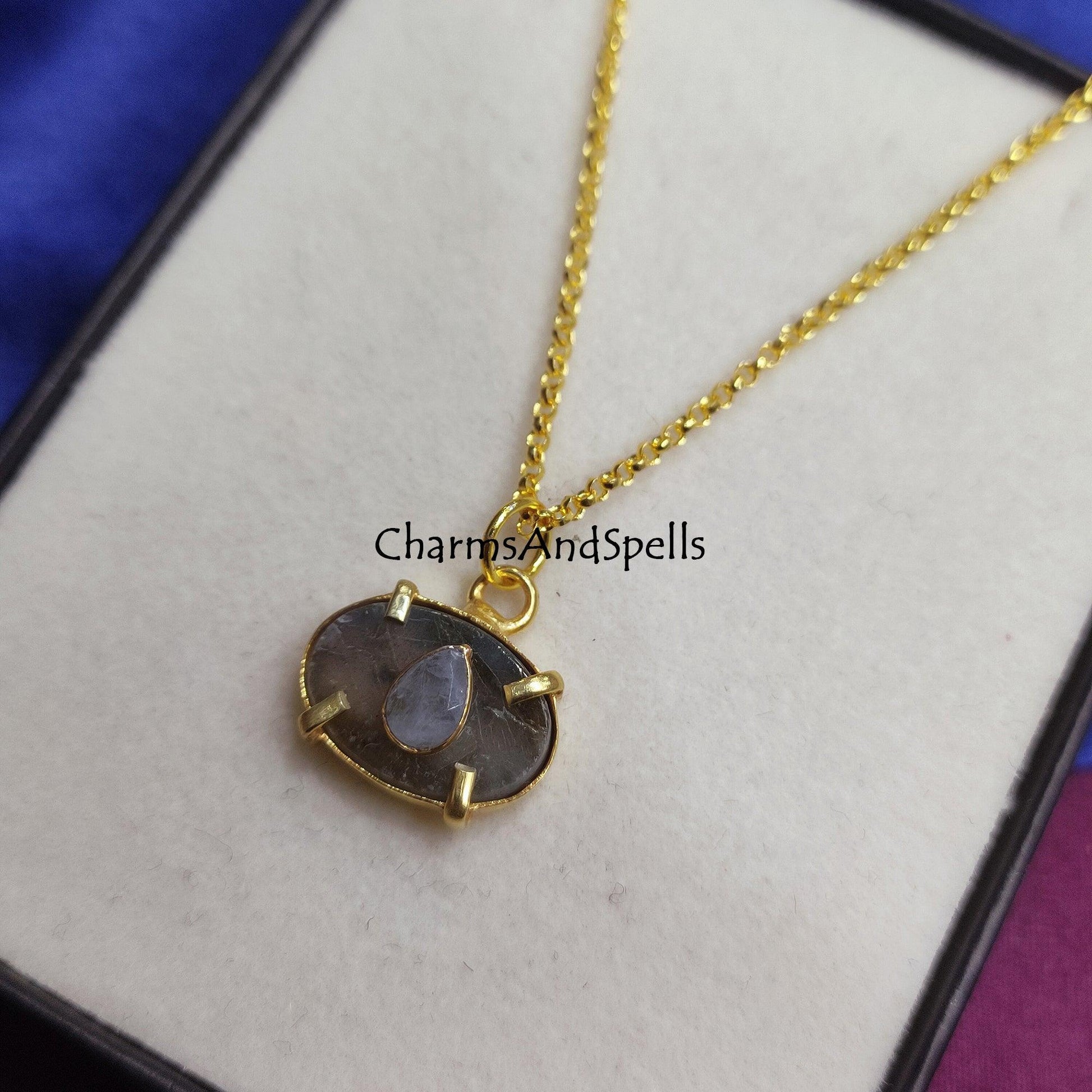 Natural Labradorite, Moonstone Pendant Necklace, Handmade Necklace, Gold Plated Necklace, Prong Set Necklace, Pendant Necklace For Women - Charms And Spells