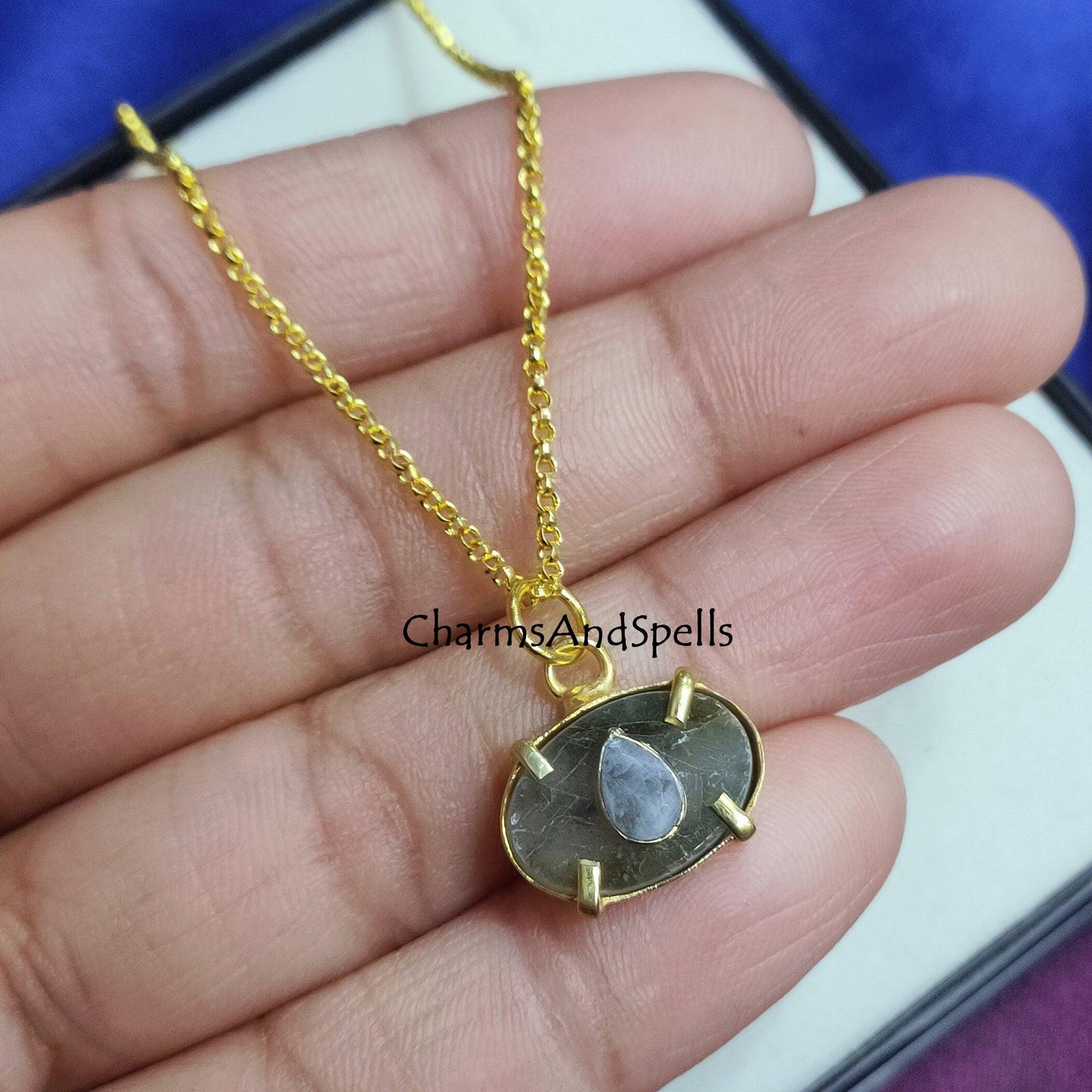 Natural Labradorite, Moonstone Pendant Necklace, Handmade Necklace, Gold Plated Necklace, Prong Set Necklace, Pendant Necklace For Women - Charms And Spells