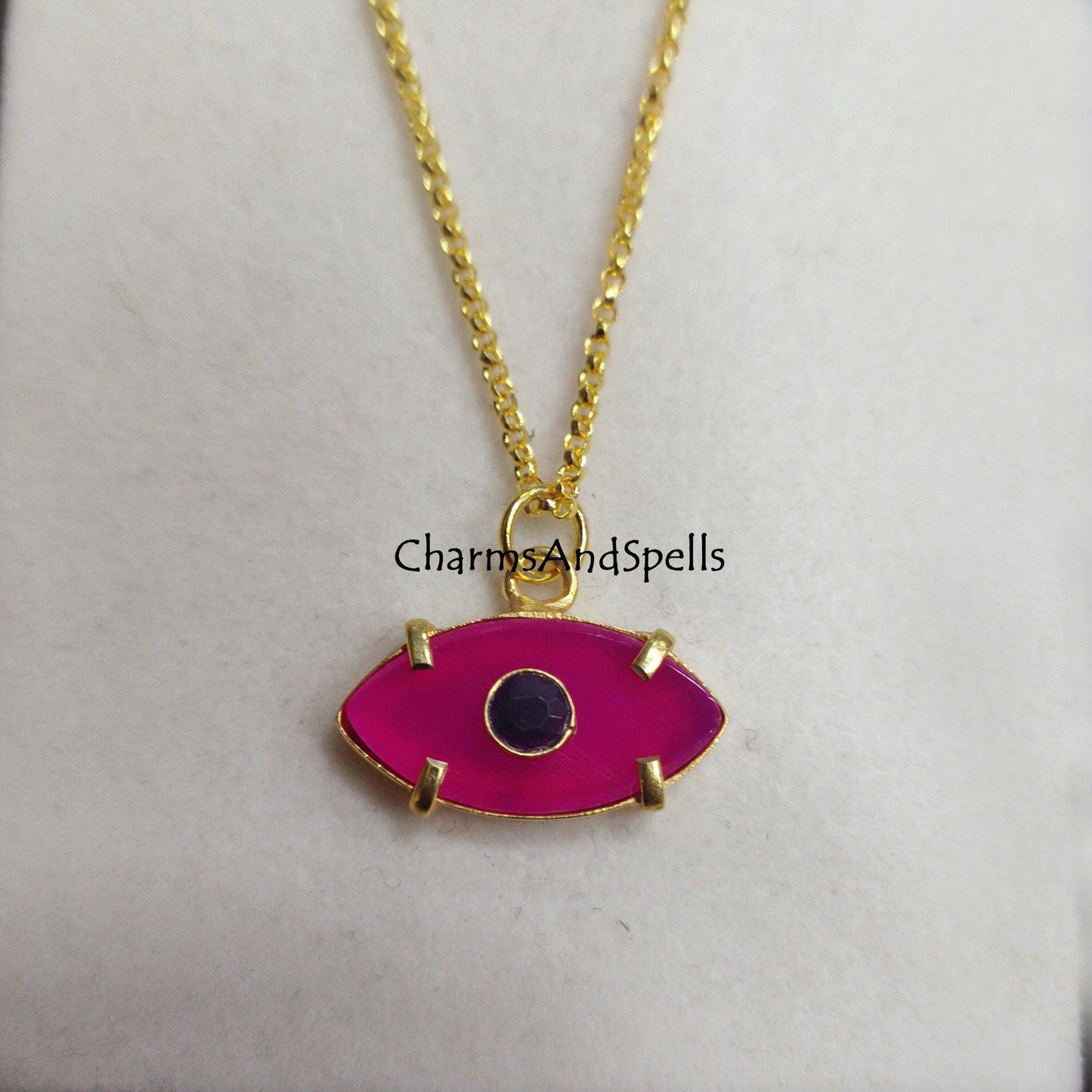 Hot Pink Chalcedony, Garnet Pendant Necklace, Gemstone Pendant, Gold Plated Necklace, Chain Necklace, Prong Set Pendant, Statement Necklace - Charms And Spells