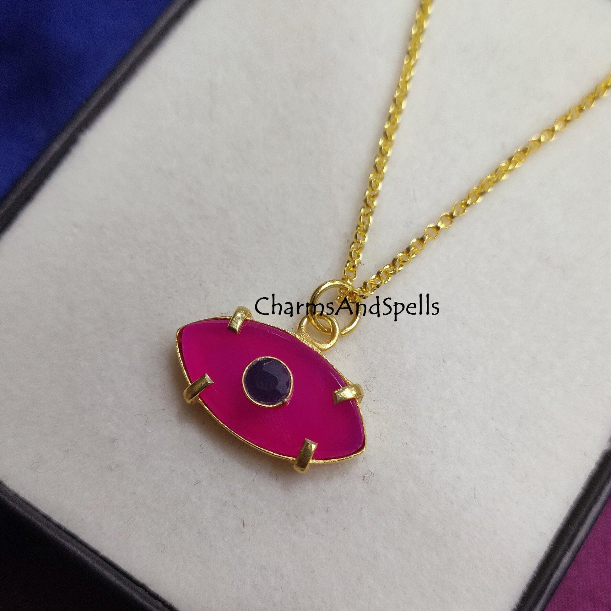 Hot Pink Chalcedony, Garnet Pendant Necklace, Gemstone Pendant, Gold Plated Necklace, Chain Necklace, Prong Set Pendant, Statement Necklace - Charms And Spells