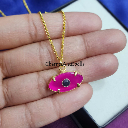 Hot Pink Chalcedony, Garnet Pendant Necklace, Gemstone Pendant, Gold Plated Necklace, Chain Necklace, Prong Set Pendant, Statement Necklace - Charms And Spells