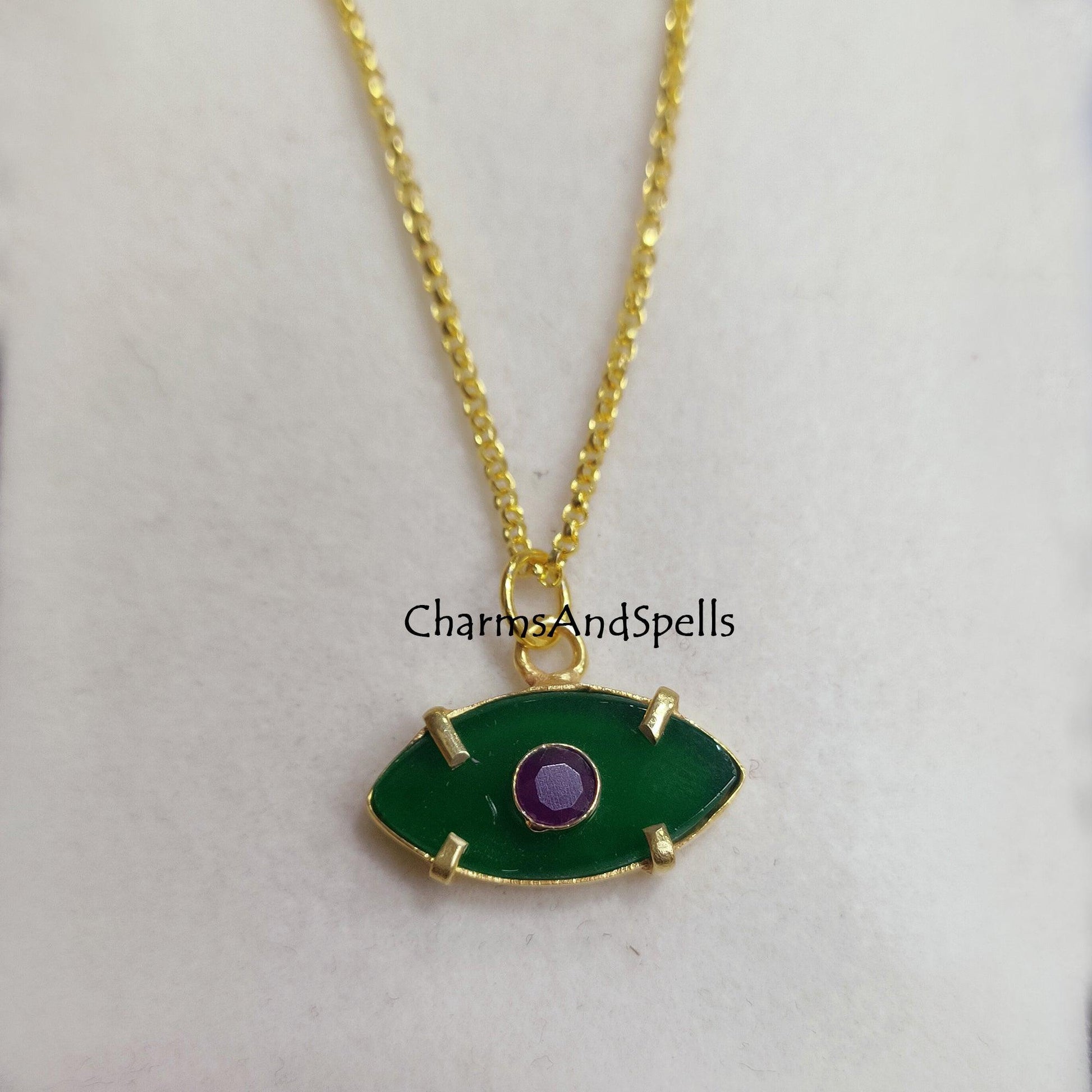 Green Onyx, Garnet Evil Eye Pendant Necklace, Gemstone Necklace, Protection Necklace, Boho Statement Jewelry, Dainty Necklace, Gift for Her - Charms And Spells