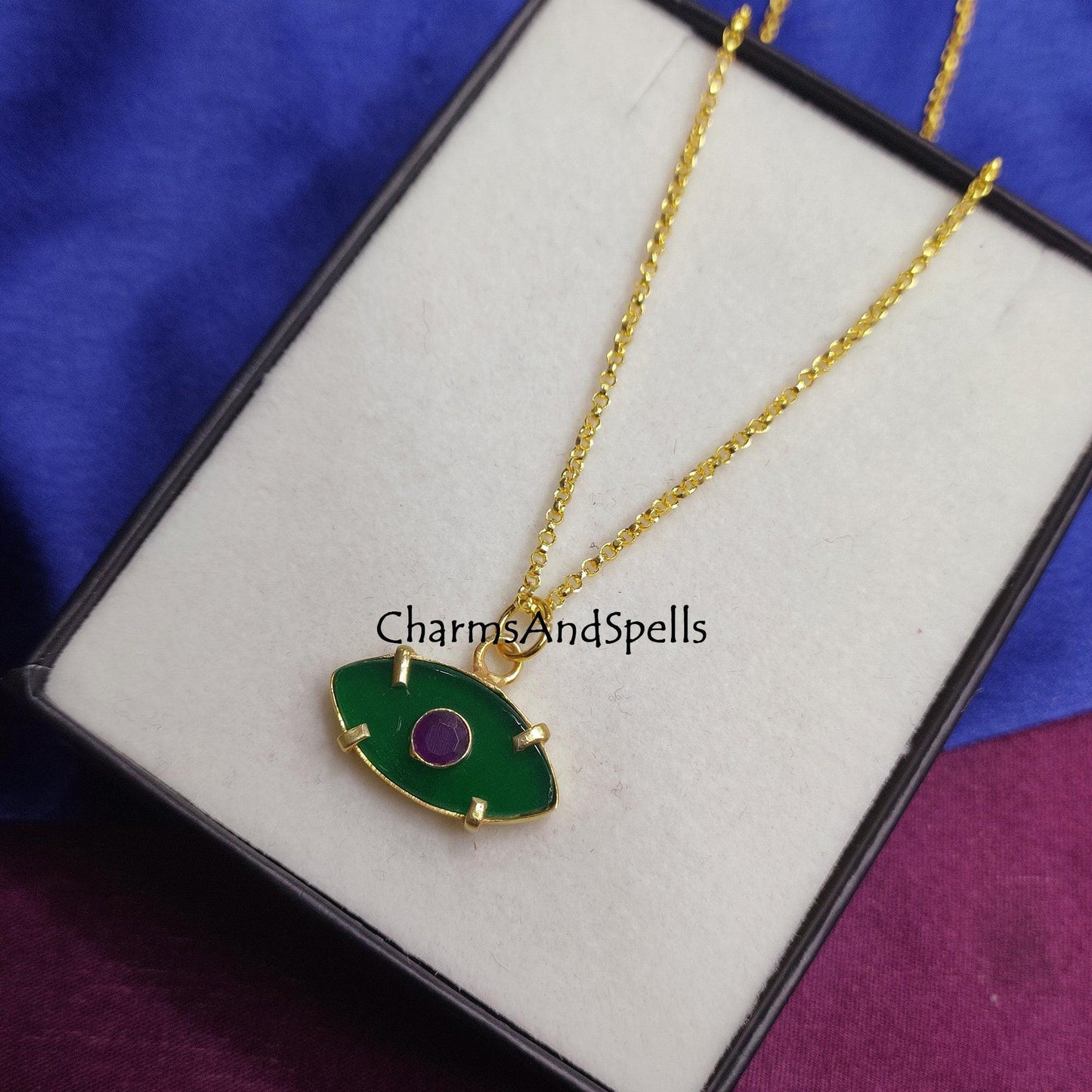 Green Onyx, Garnet Evil Eye Pendant Necklace, Gemstone Necklace, Protection Necklace, Boho Statement Jewelry, Dainty Necklace, Gift for Her - Charms And Spells