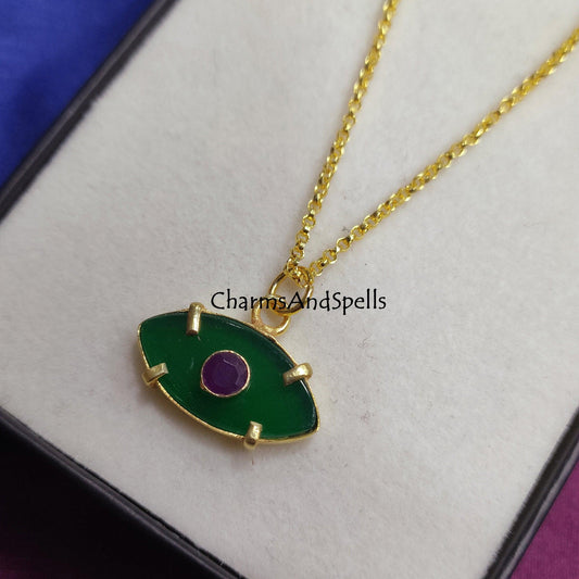 Green Onyx, Garnet Evil Eye Pendant Necklace, Gemstone Necklace, Protection Necklace, Boho Statement Jewelry, Dainty Necklace, Gift for Her - Charms And Spells