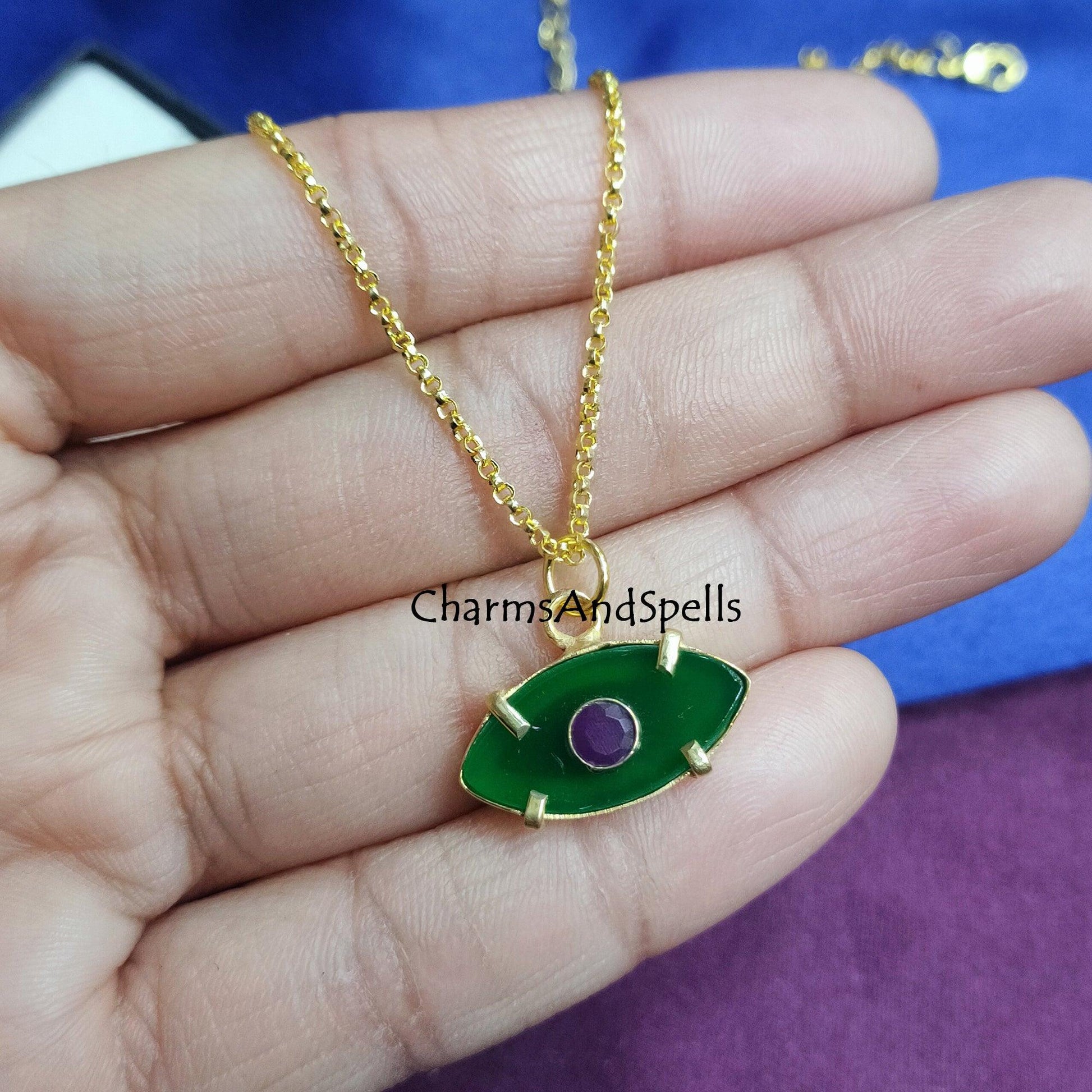 Green Onyx, Garnet Evil Eye Pendant Necklace, Gemstone Necklace, Protection Necklace, Boho Statement Jewelry, Dainty Necklace, Gift for Her - Charms And Spells