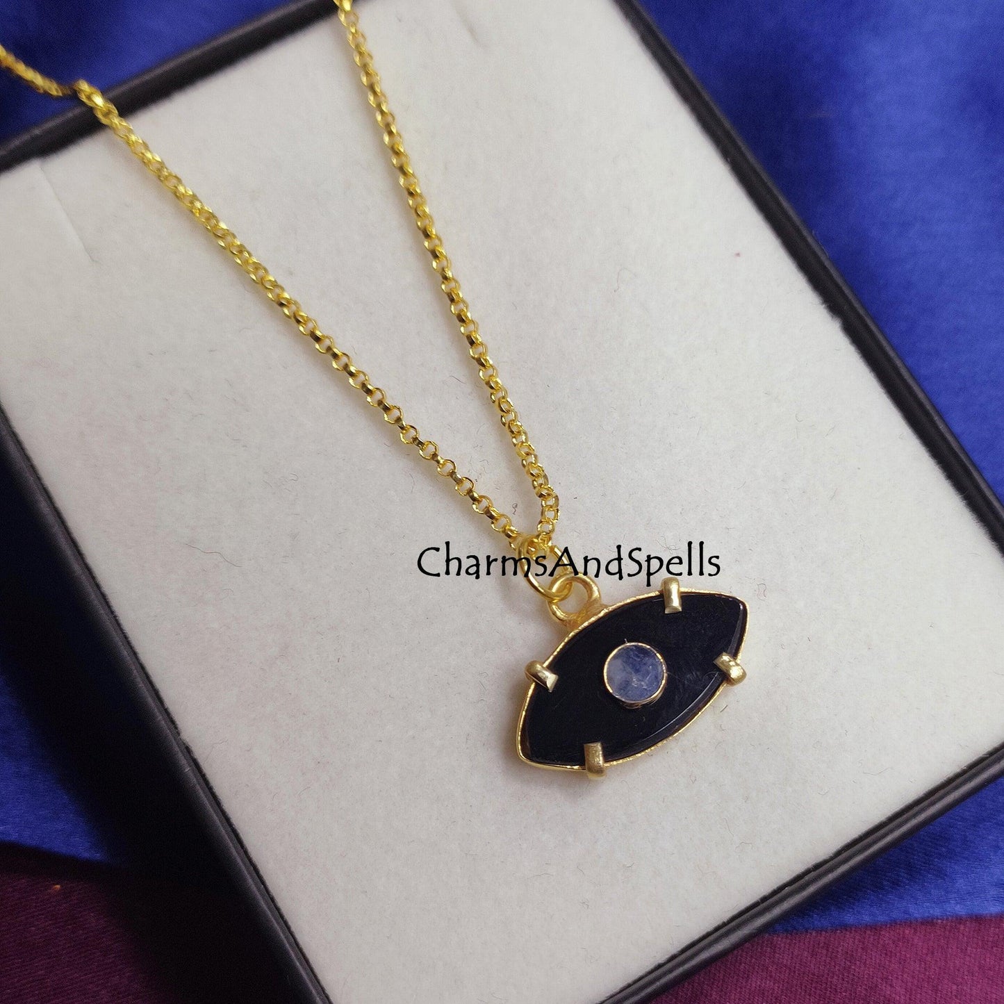 Black Onyx, Moonstone Evil Eye Necklace, Gold Plated Necklace, Gemstone Pendant Necklace, Protection Necklace, Birthday Gift, Gift For Women - Charms And Spells