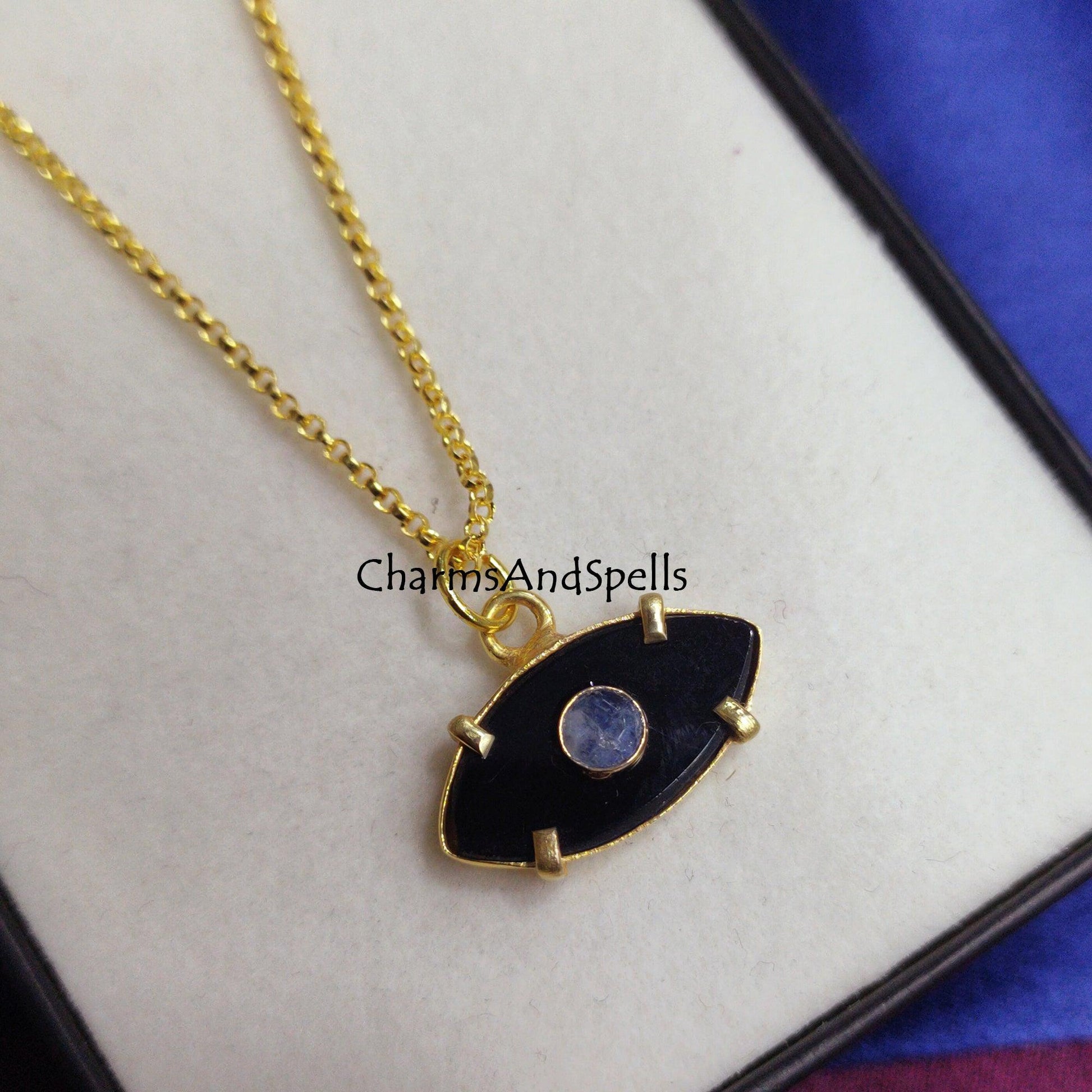 Black Onyx, Moonstone Evil Eye Necklace, Gold Plated Necklace, Gemstone Pendant Necklace, Protection Necklace, Birthday Gift, Gift For Women - Charms And Spells