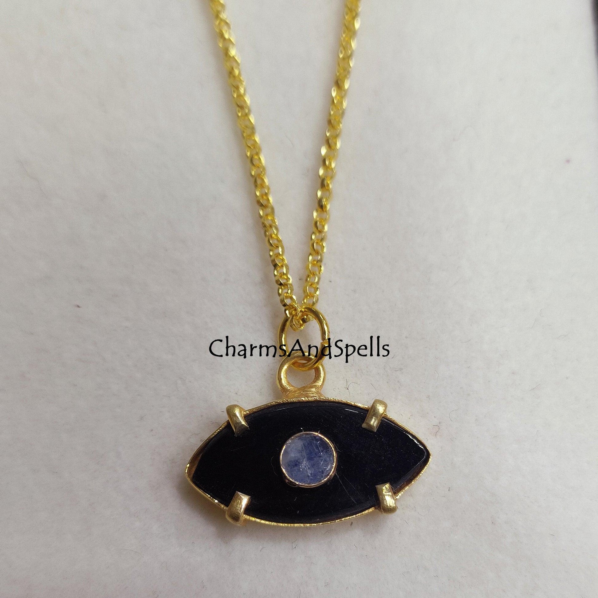 Black Onyx, Moonstone Evil Eye Necklace, Gold Plated Necklace, Gemstone Pendant Necklace, Protection Necklace, Birthday Gift, Gift For Women - Charms And Spells