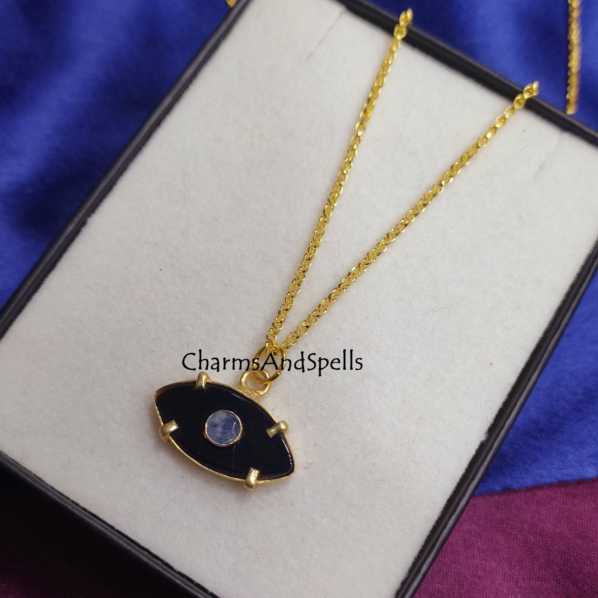 Black Onyx, Moonstone Evil Eye Necklace, Gold Plated Necklace, Gemstone Pendant Necklace, Protection Necklace, Birthday Gift, Gift For Women - Charms And Spells