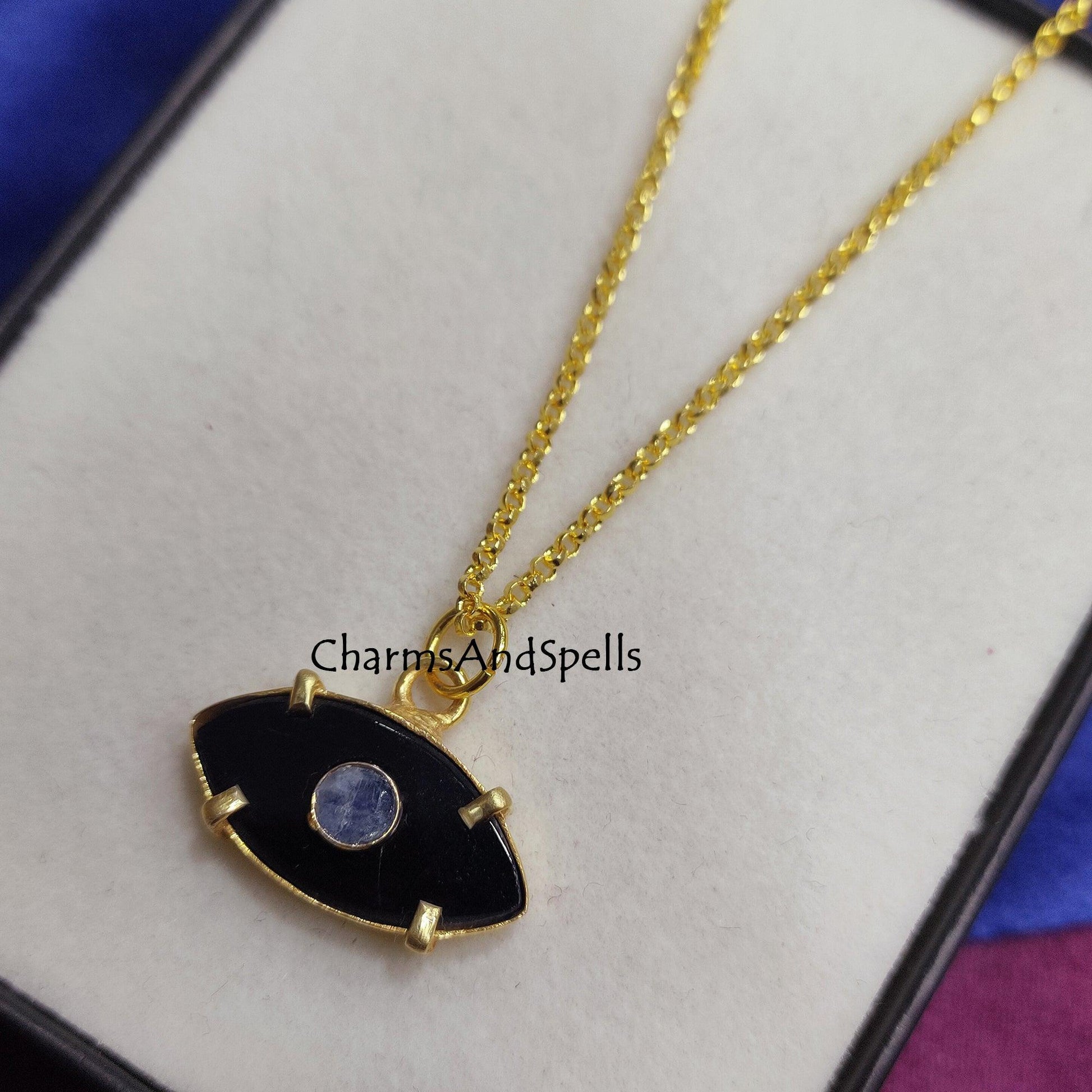 Black Onyx, Moonstone Evil Eye Necklace, Gold Plated Necklace, Gemstone Pendant Necklace, Protection Necklace, Birthday Gift, Gift For Women - Charms And Spells