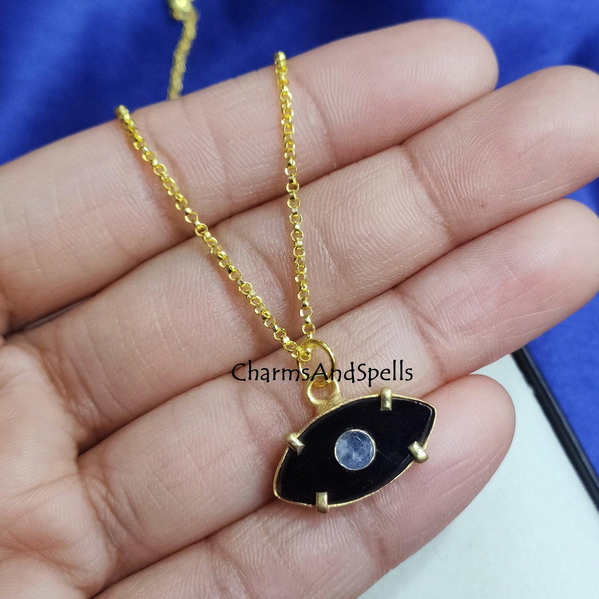 Black Onyx, Moonstone Evil Eye Necklace, Gold Plated Necklace, Gemstone Pendant Necklace, Protection Necklace, Birthday Gift, Gift For Women - Charms And Spells