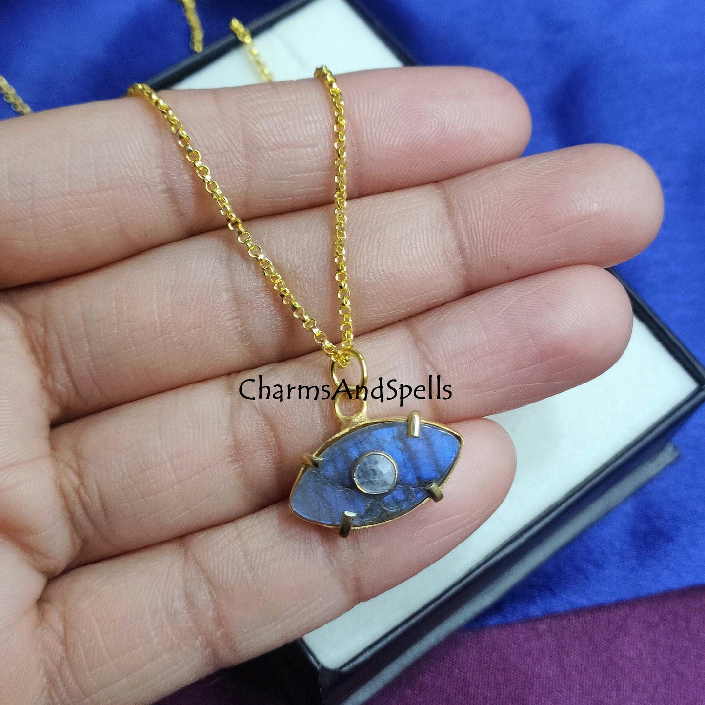 Natural Labradorite, Moonstone Evil Eye Necklace, Gold Plated Necklace, Evil Eye Necklace, Gemstone Necklace, Evil Eye Pendant, Gift for her - Charms And Spells