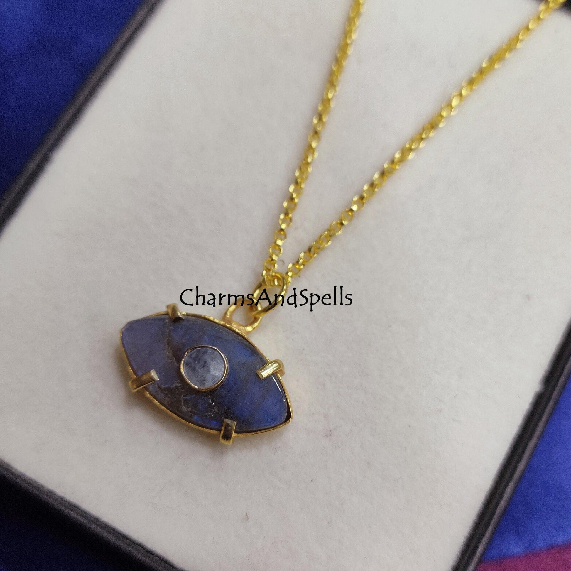 Natural Labradorite, Moonstone Evil Eye Necklace, Gold Plated Necklace, Evil Eye Necklace, Gemstone Necklace, Evil Eye Pendant, Gift for her - Charms And Spells