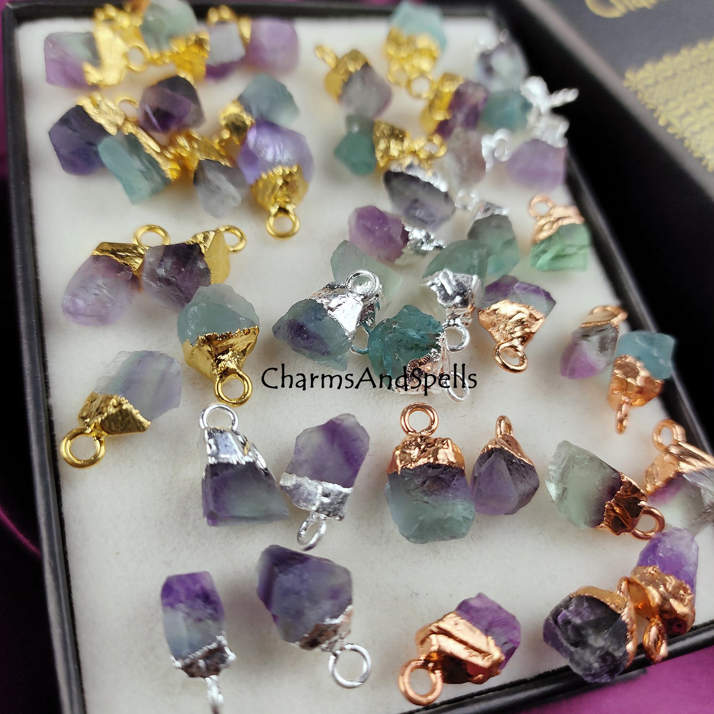 Rough Fluorite Crystal Connector Pendant, Gemstone Charm Connector, Fluorite Pendant, Bracelets Charms, Jewelry Making Supplies, Dainty Gift