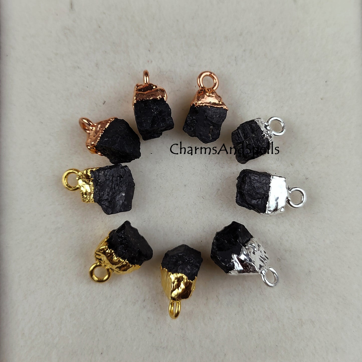 Natural Raw Black Tourmaline Charms, Single Bail link Electroplated Charms, Uncut Rough Tourmaline Gemstone Connectors, DIY Jewelry Making