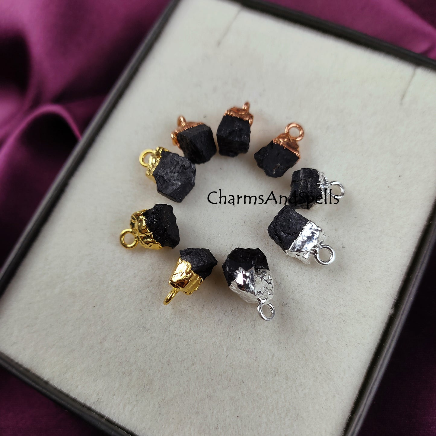 Natural Raw Black Tourmaline Charms, Single Bail link Electroplated Charms, Uncut Rough Tourmaline Gemstone Connectors, DIY Jewelry Making