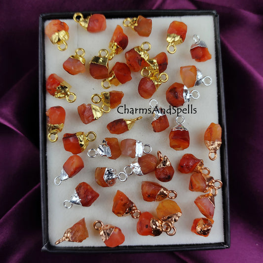 Raw Carnelian Gemstone Charms, Rough Raw Gold Electroplated Connectors, Single Bail Loop Pendant, Necklace Charms, Carnelian Rough Charms
