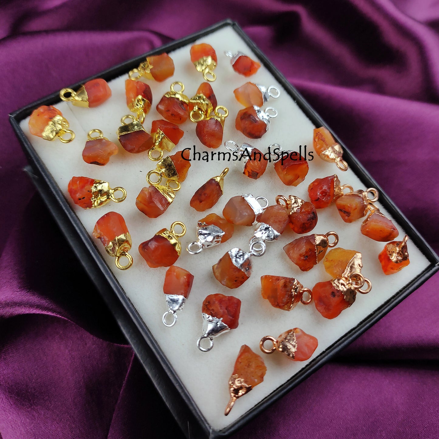 Raw Carnelian Gemstone Charms, Rough Raw Gold Electroplated Connectors, Single Bail Loop Pendant, Necklace Charms, Carnelian Rough Charms