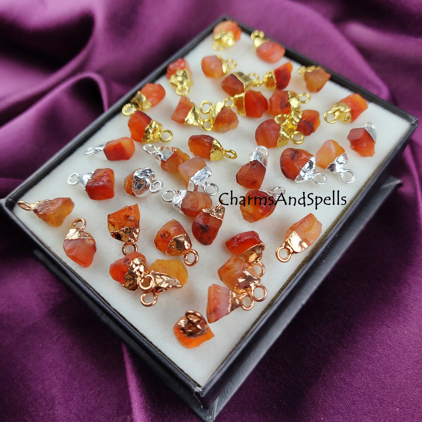 Raw Carnelian Gemstone Charms, Rough Raw Gold Electroplated Connectors, Single Bail Loop Pendant, Necklace Charms, Carnelian Rough Charms