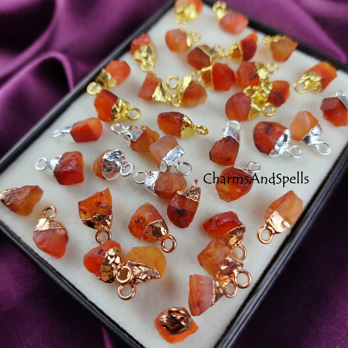 Raw Carnelian Gemstone Charms, Rough Raw Gold Electroplated Connectors, Single Bail Loop Pendant, Necklace Charms, Carnelian Rough Charms