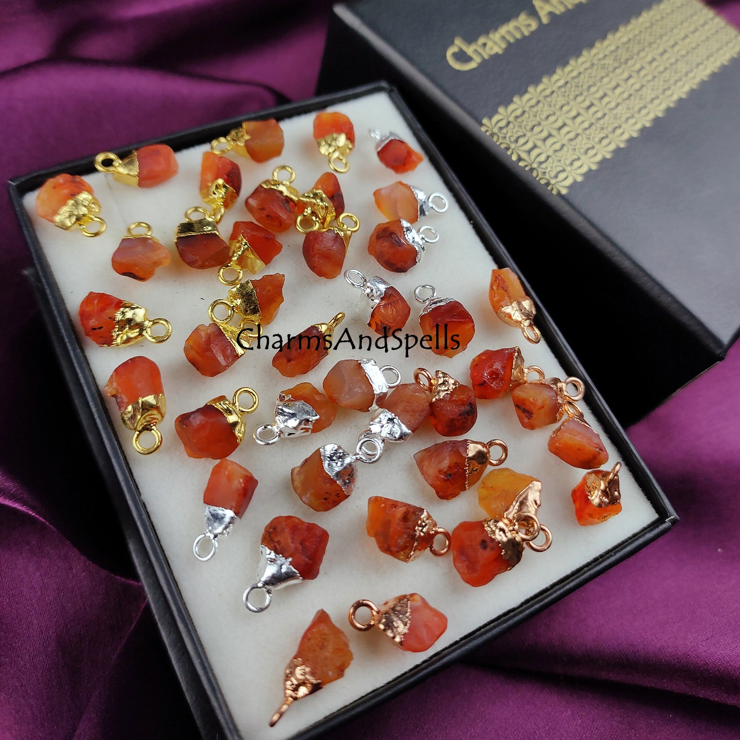 Raw Carnelian Gemstone Charms, Rough Raw Gold Electroplated Connectors, Single Bail Loop Pendant, Necklace Charms, Carnelian Rough Charms