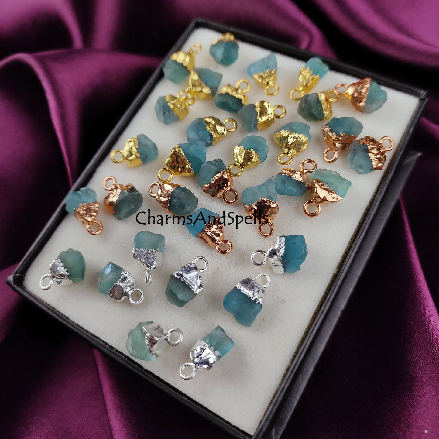 Natural Raw Neon Apatite Gemstone Connector, Electroplated Charms Connector, Rough Apatite Pendant Making Charms, Single Bail Link Connector