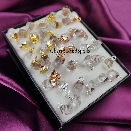 Crystal Quartz Raw Connector Pendants, Rough Electroplated Charms, Crystal Quartz Pendant Connector Jewelry, Crystal Handmade DIY Connectors