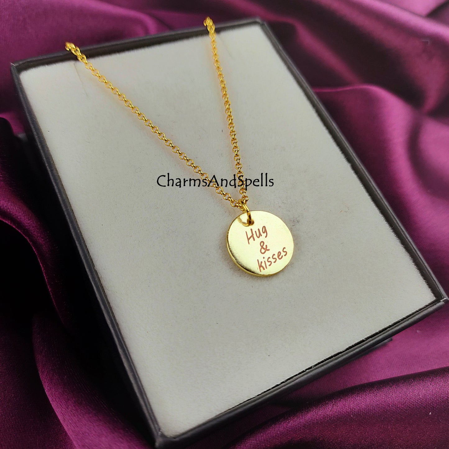 Personalized Engraved Necklace, Coin Charm Necklace, Layering Jewelry, Hug & Kiss Necklace, Gift For Mother, Unique Jewelry, Laser engraved