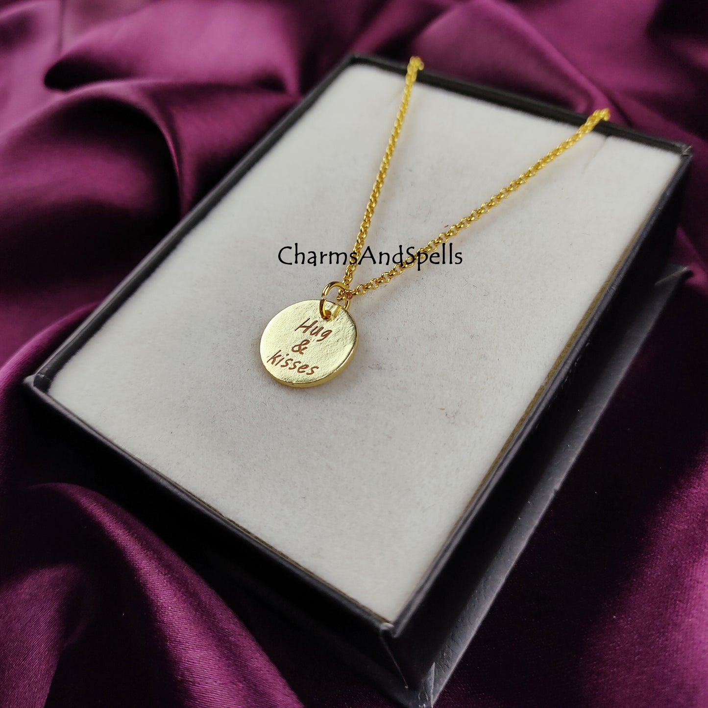 Personalized Engraved Necklace, Coin Charm Necklace, Layering Jewelry, Hug & Kiss Necklace, Gift For Mother, Unique Jewelry, Laser engraved