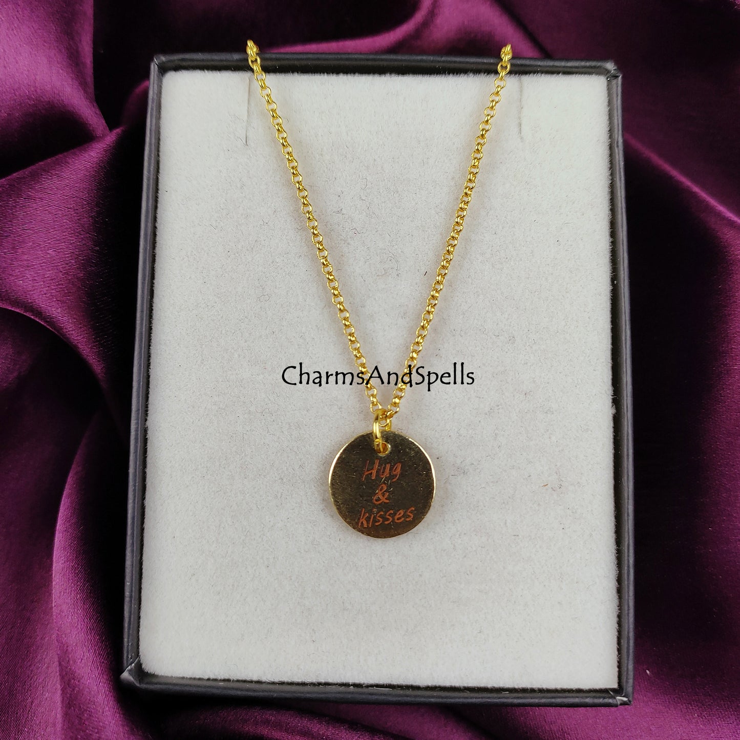 Personalized Engraved Necklace, Coin Charm Necklace, Layering Jewelry, Hug & Kiss Necklace, Gift For Mother, Unique Jewelry, Laser engraved