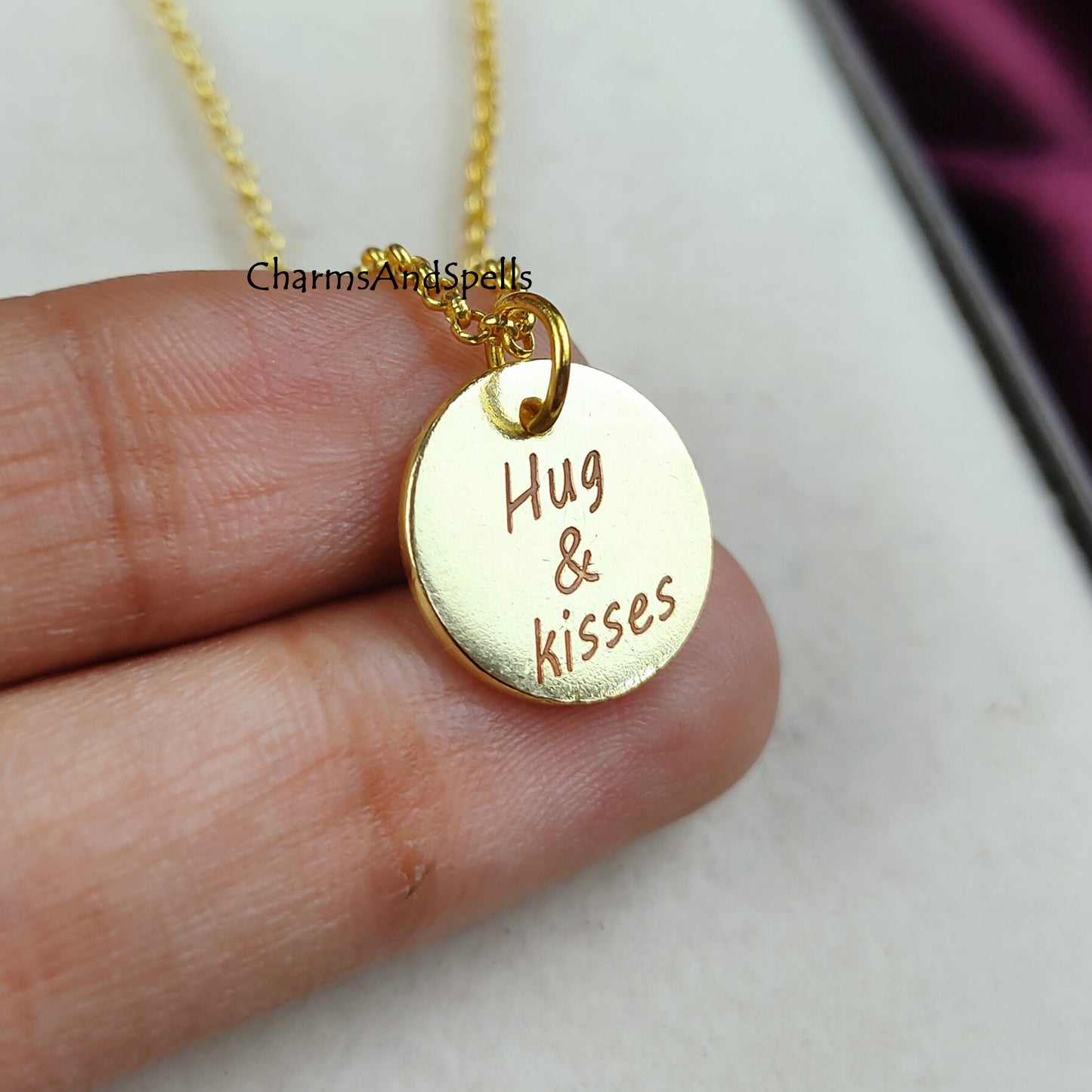 Personalized Engraved Necklace, Coin Charm Necklace, Layering Jewelry, Hug & Kiss Necklace, Gift For Mother, Unique Jewelry, Laser engraved