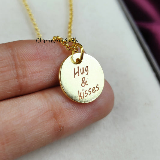 Personalized Engraved Necklace, Coin Charm Necklace, Layering Jewelry, Hug & Kiss Necklace, Gift For Mother, Unique Jewelry, Laser engraved