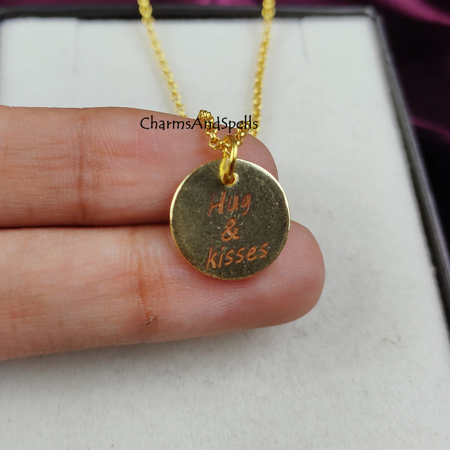 Personalized Engraved Necklace, Coin Charm Necklace, Layering Jewelry, Hug & Kiss Necklace, Gift For Mother, Unique Jewelry, Laser engraved