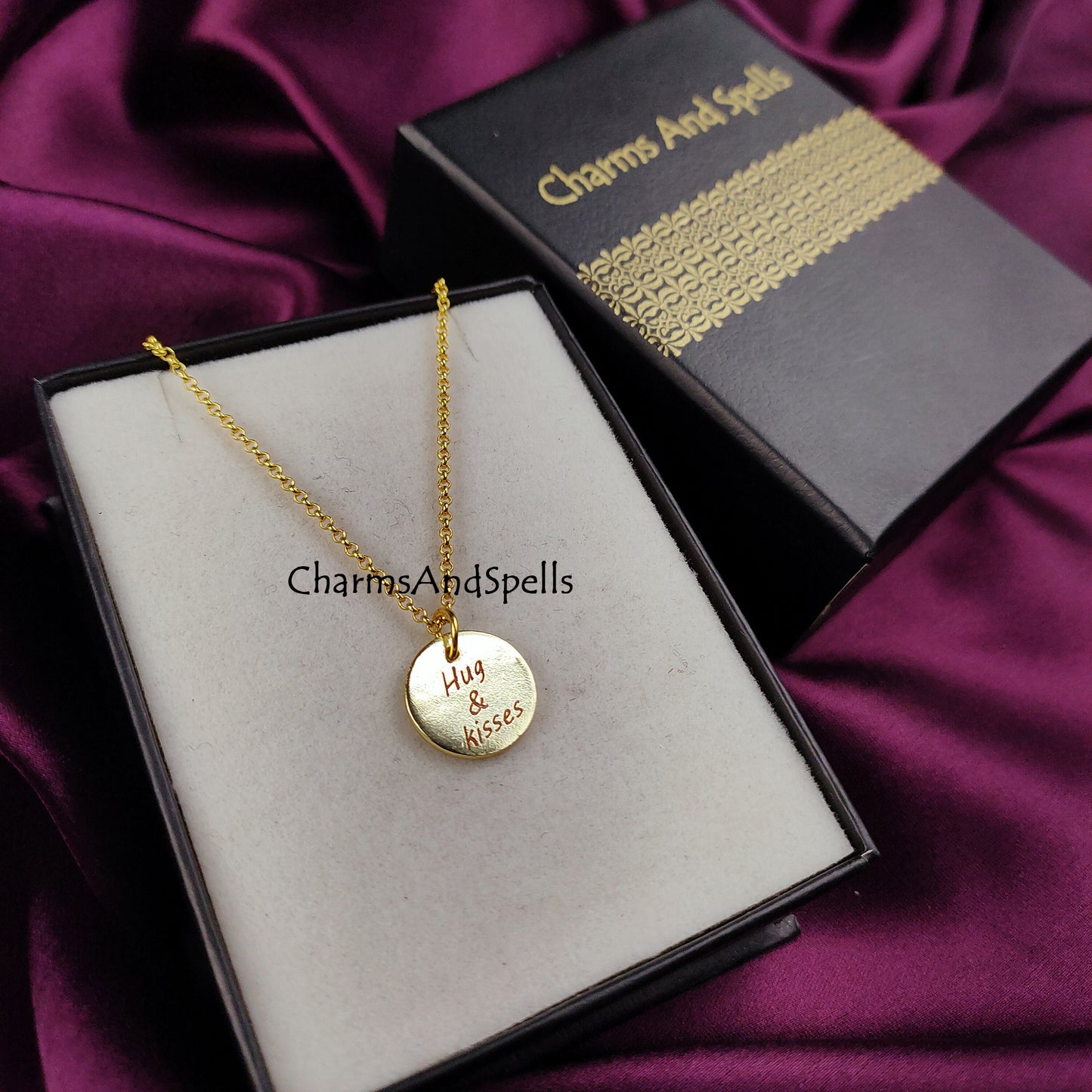 Personalized Engraved Necklace, Coin Charm Necklace, Layering Jewelry, Hug & Kiss Necklace, Gift For Mother, Unique Jewelry, Laser engraved