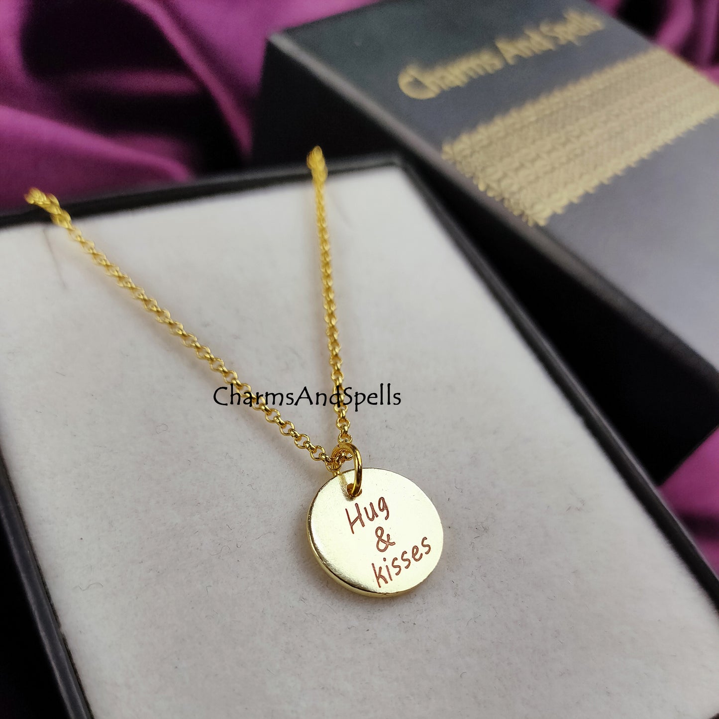 Personalized Engraved Necklace, Coin Charm Necklace, Layering Jewelry, Hug & Kiss Necklace, Gift For Mother, Unique Jewelry, Laser engraved