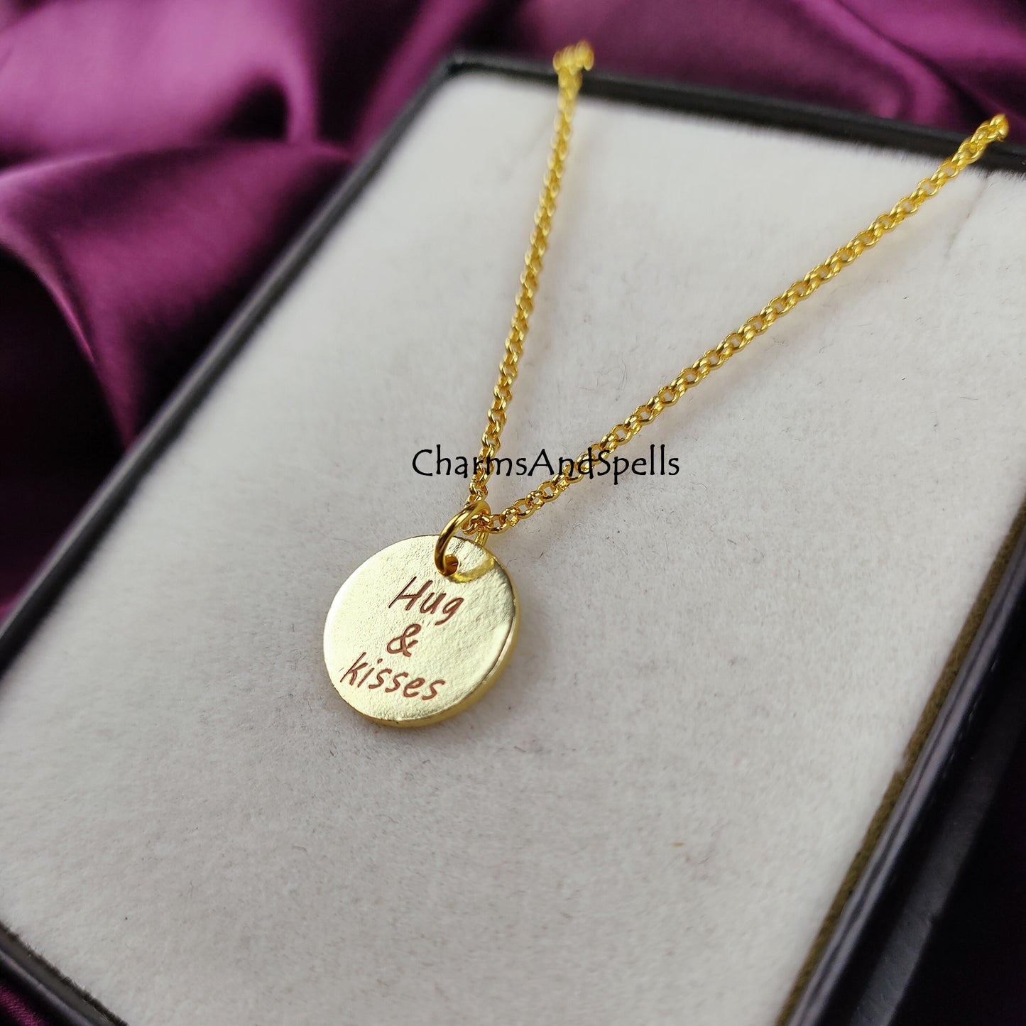 Personalized Engraved Necklace, Coin Charm Necklace, Layering Jewelry, Hug & Kiss Necklace, Gift For Mother, Unique Jewelry, Laser engraved