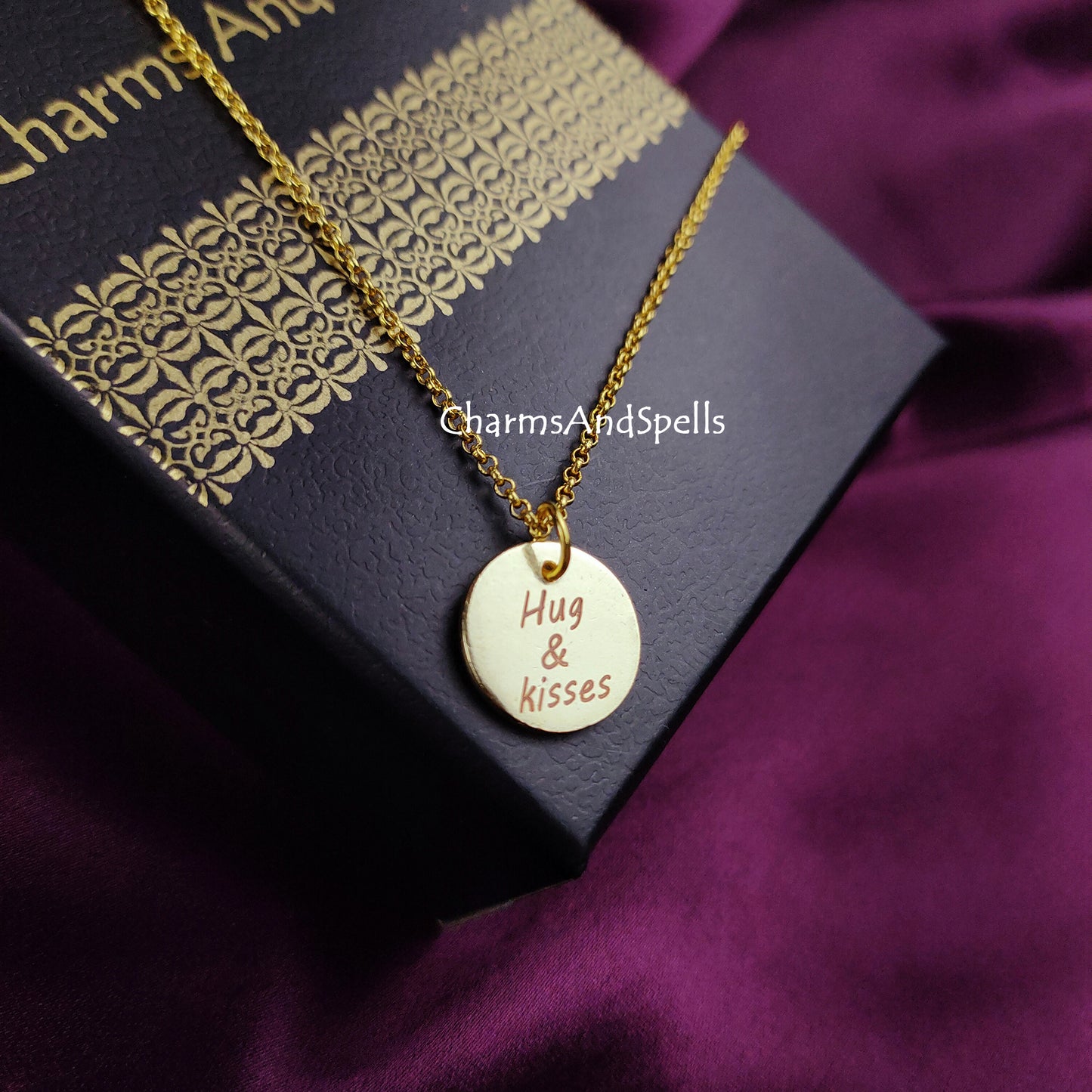 Personalized Engraved Necklace, Coin Charm Necklace, Layering Jewelry, Hug & Kiss Necklace, Gift For Mother, Unique Jewelry, Laser engraved