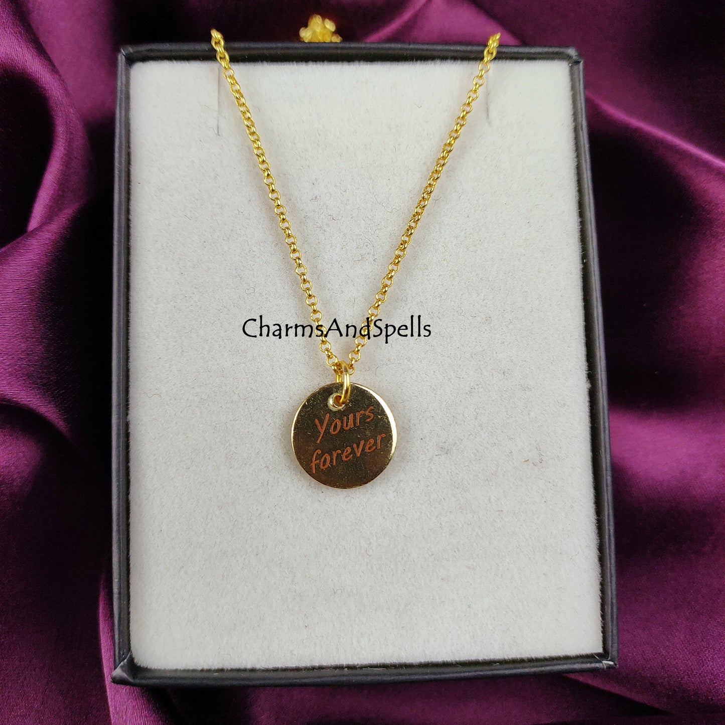 Engraved Necklace, Personalized Yours Forever Necklace, Engraved Charm Pendant, Gold Plated Necklace, Gift For Friend, Coin Necklace