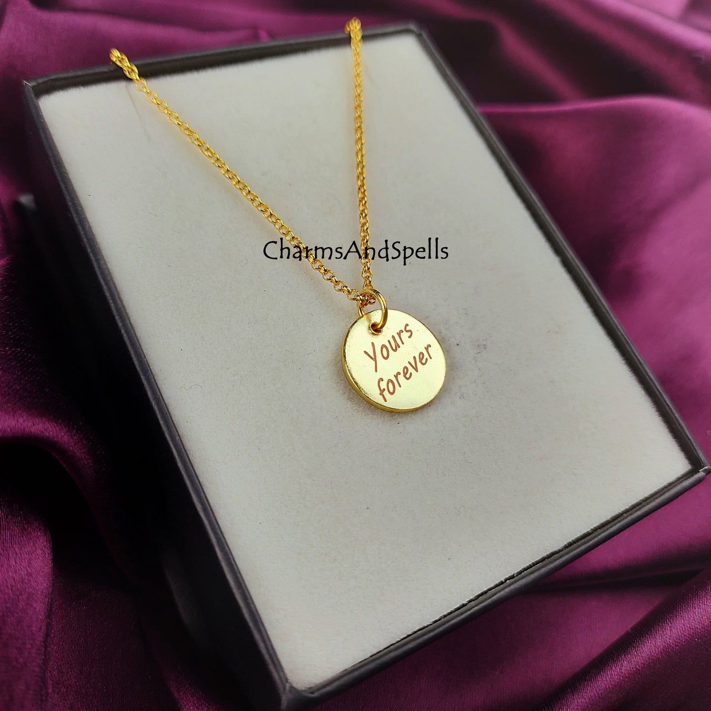 Engraved Necklace, Personalized Yours Forever Necklace, Engraved Charm Pendant, Gold Plated Necklace, Gift For Friend, Coin Necklace