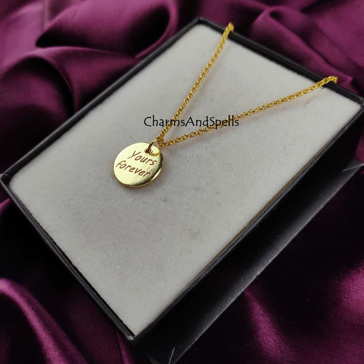 Engraved Necklace, Personalized Yours Forever Necklace, Engraved Charm Pendant, Gold Plated Necklace, Gift For Friend, Coin Necklace