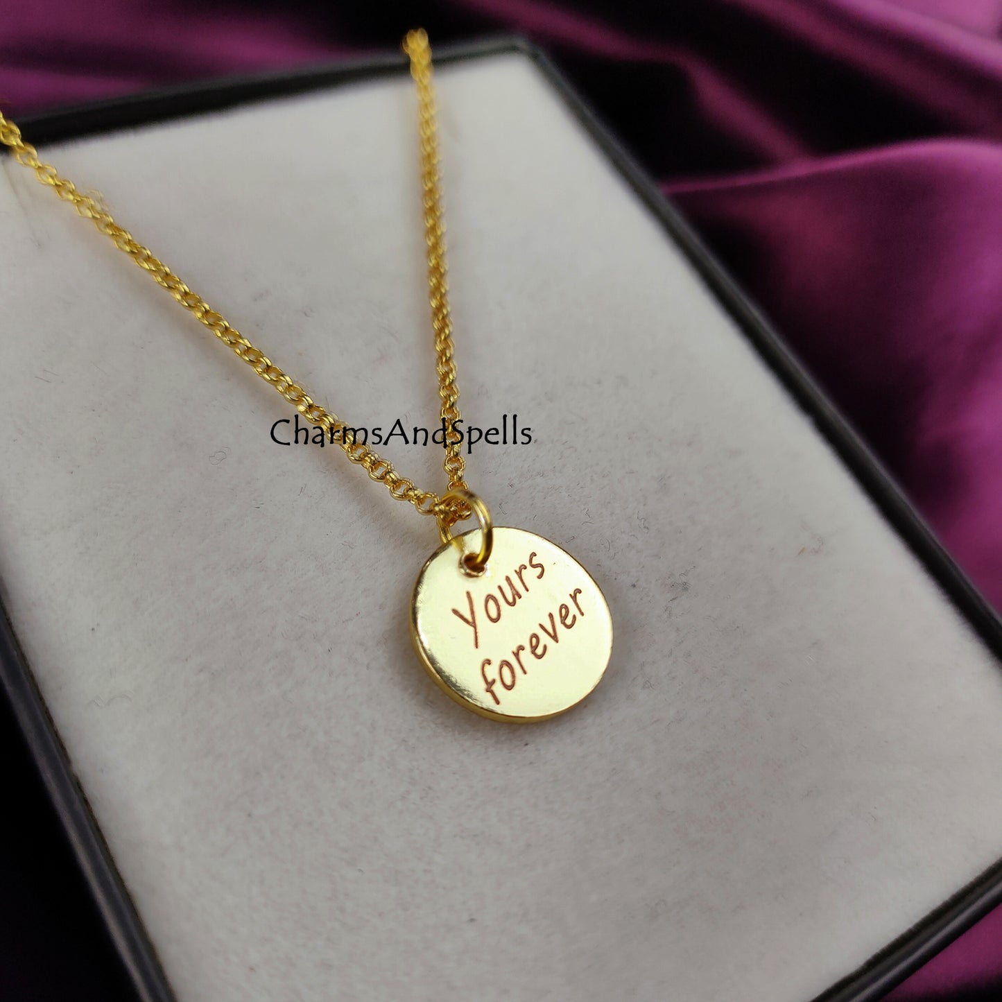 Engraved Necklace, Personalized Yours Forever Necklace, Engraved Charm Pendant, Gold Plated Necklace, Gift For Friend, Coin Necklace