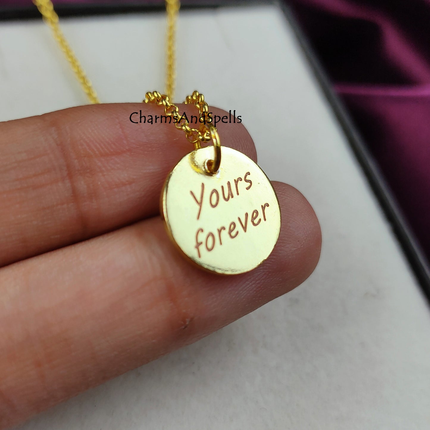 Engraved Necklace, Personalized Yours Forever Necklace, Engraved Charm Pendant, Gold Plated Necklace, Gift For Friend, Coin Necklace