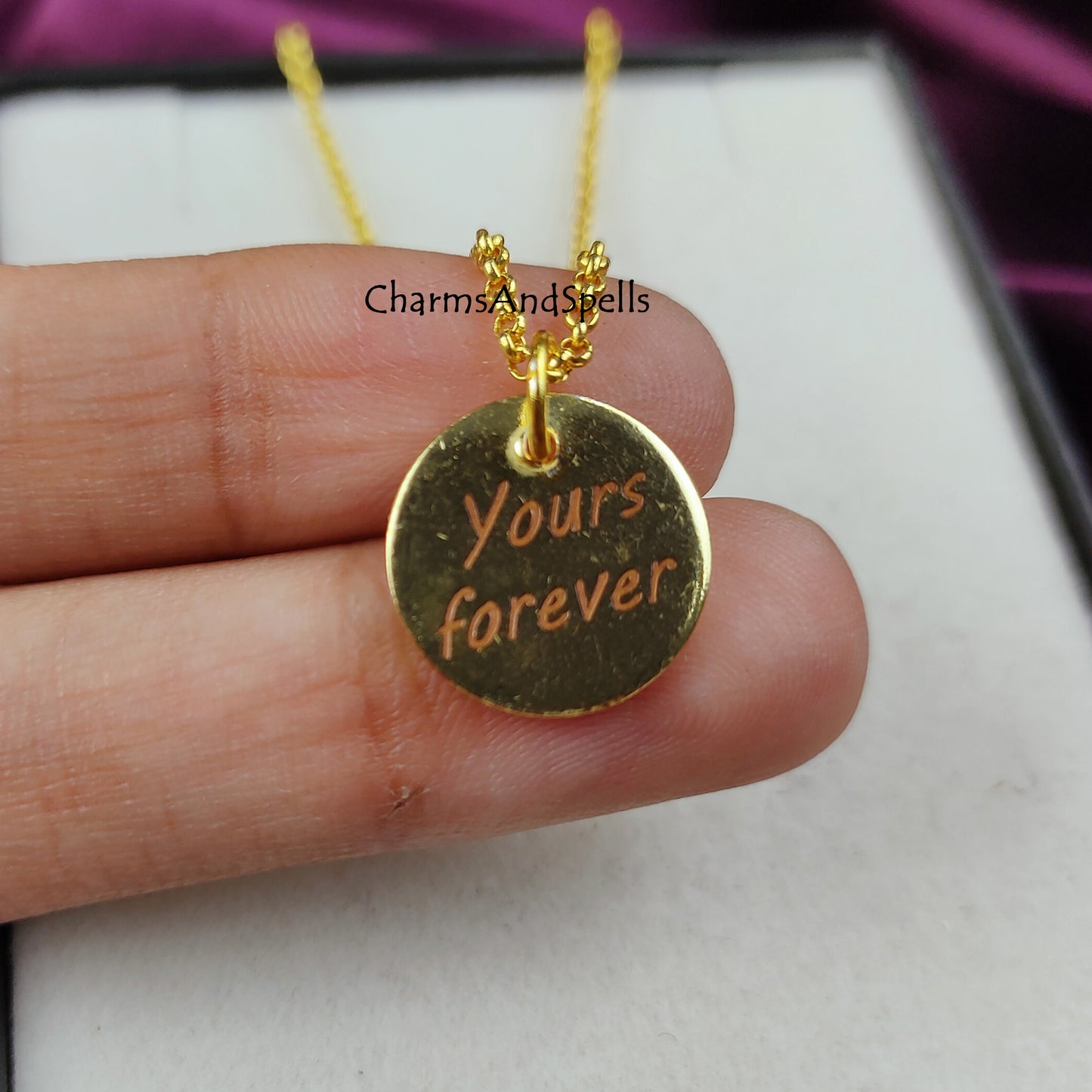 Engraved Necklace, Personalized Yours Forever Necklace, Engraved Charm Pendant, Gold Plated Necklace, Gift For Friend, Coin Necklace